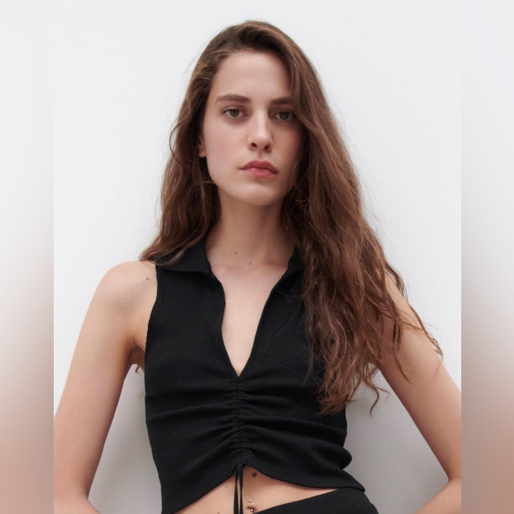 Zara cropped ribbed polo top size M
